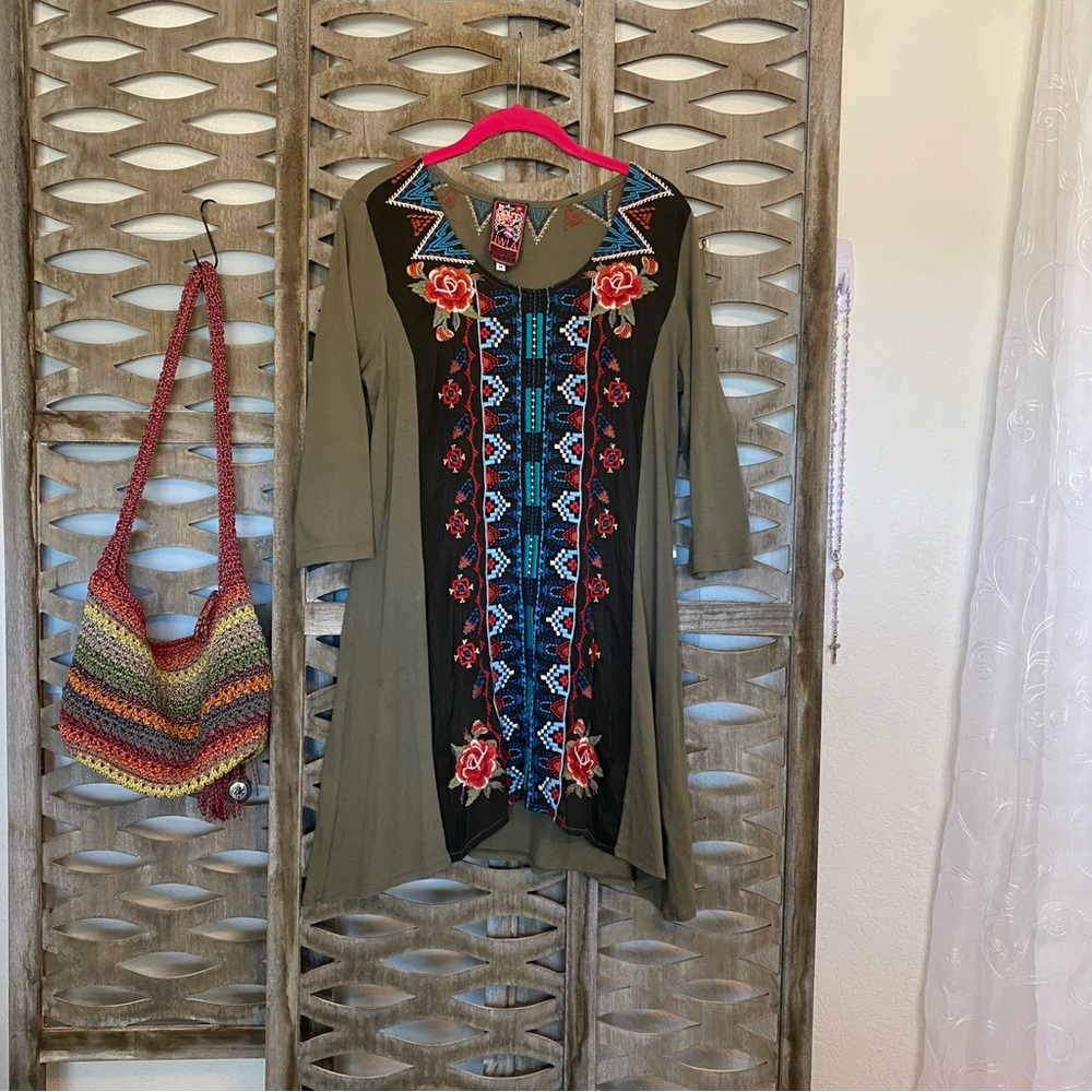 Johnny Was Olive Dress with Colorful Embroidery